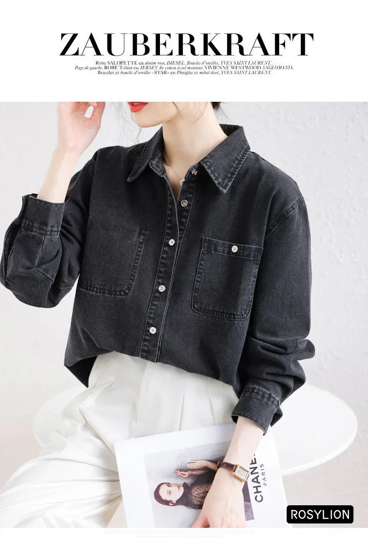 Ladies Black Denim Shirt Women Casual Sun Protection Loose Thin Long-sleeved Cotton Shirt Coat Button Up Top Top Streetwear S-XL