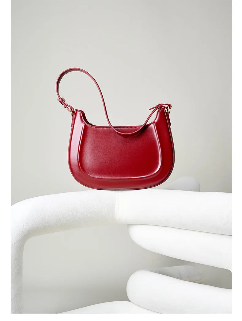 Genuine leather red shoulder bag woman minimalist crossbody bag cowhide handbags female luxury bag armpit bag saddle bag