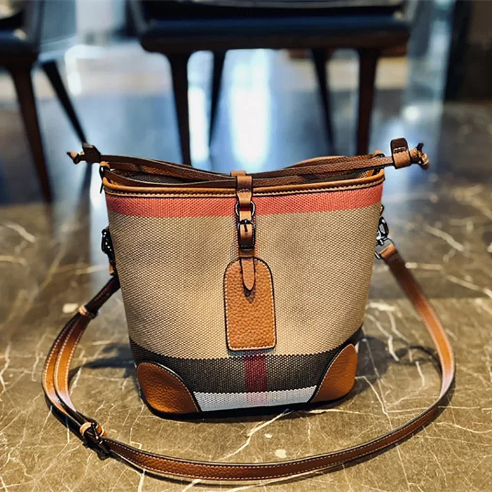 Luxury Plaid Canvas Leather Women‘S Bag Fashion Large Capacity Business Lady Bucket Shoulder Bag Female Drawstring Handbag