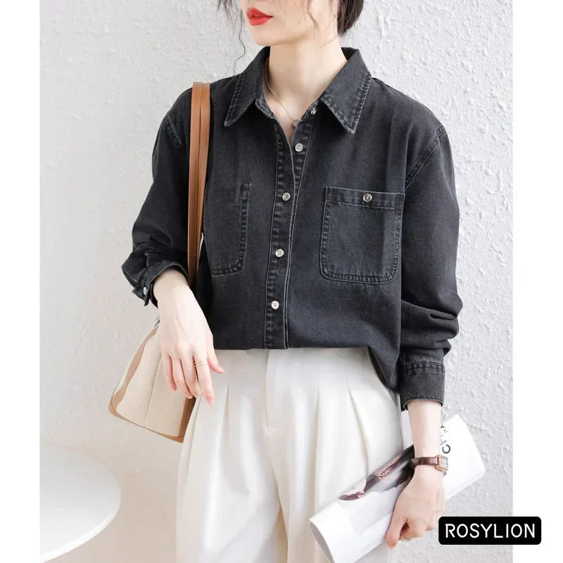 Ladies Black Denim Shirt Women Casual Sun Protection Loose Thin Long-sleeved Cotton Shirt Coat Button Up Top Top Streetwear S-XL