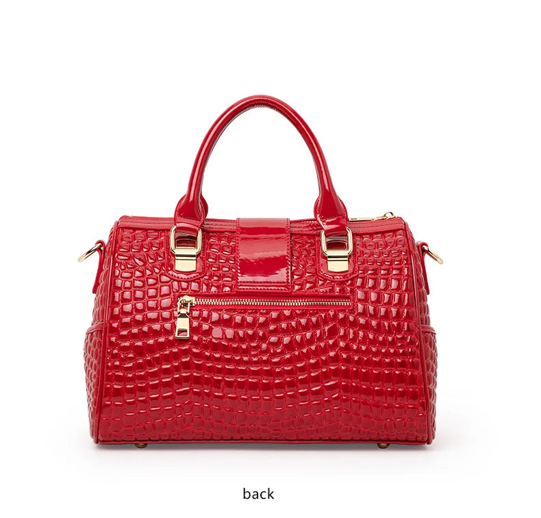 Aidrani Red Crocodile Tail Boston Bag, Fashion Women's Genuine Leather Bag, Cowhide Handbag  Single Shoulder Bag