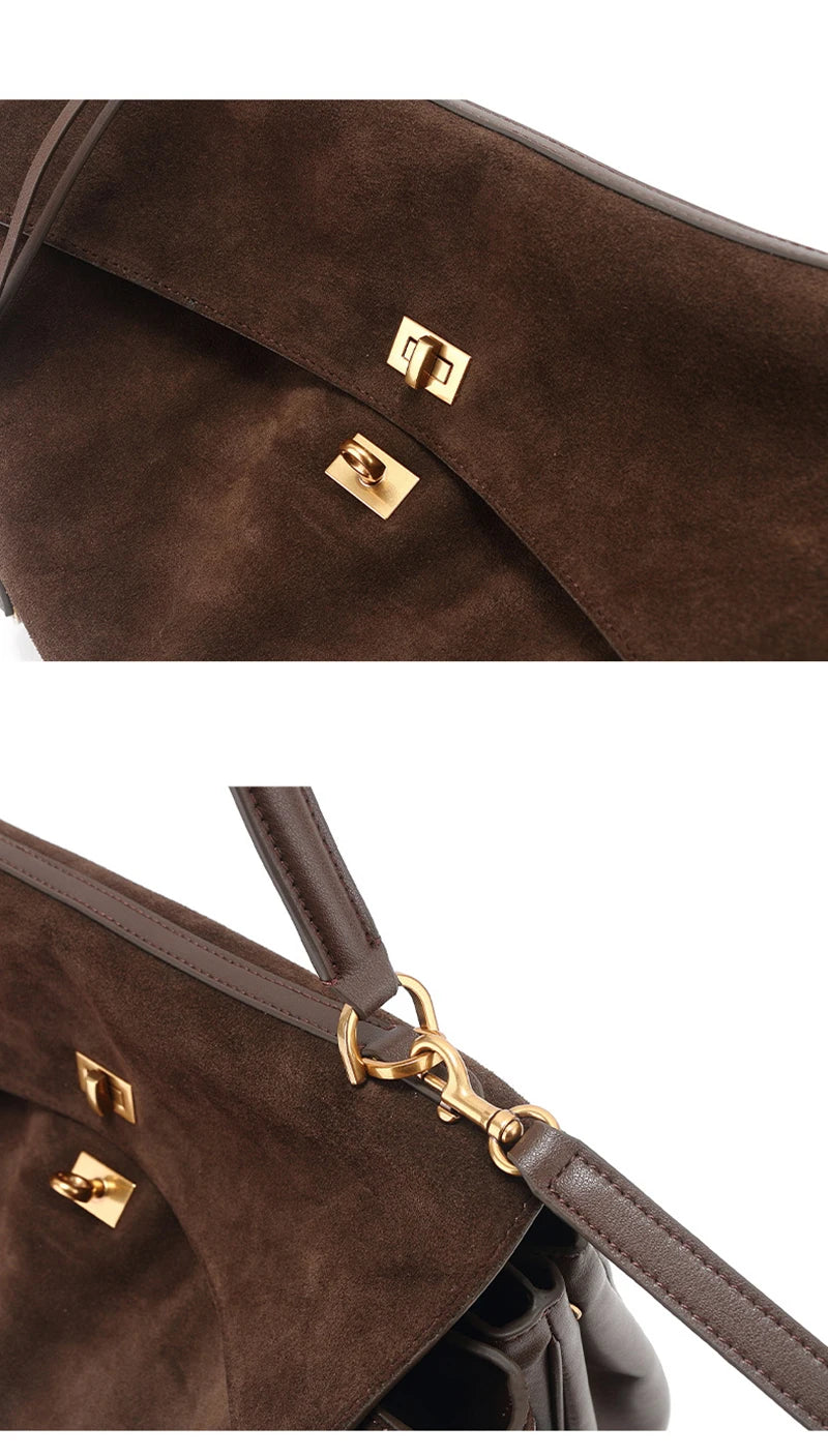 2024 Winter Fashion Gold Buckle Women Handbags Genuine Leather Brown Suede Women Shoulder Bags Luxury Brand Rodeo Women Totes