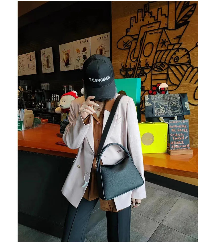 Elegant 100% Natural Togo Cowhide Leather Tote Wide Straps Female Shoulder Bag Grey Black Doctor Bag Luxury Girl Handbag