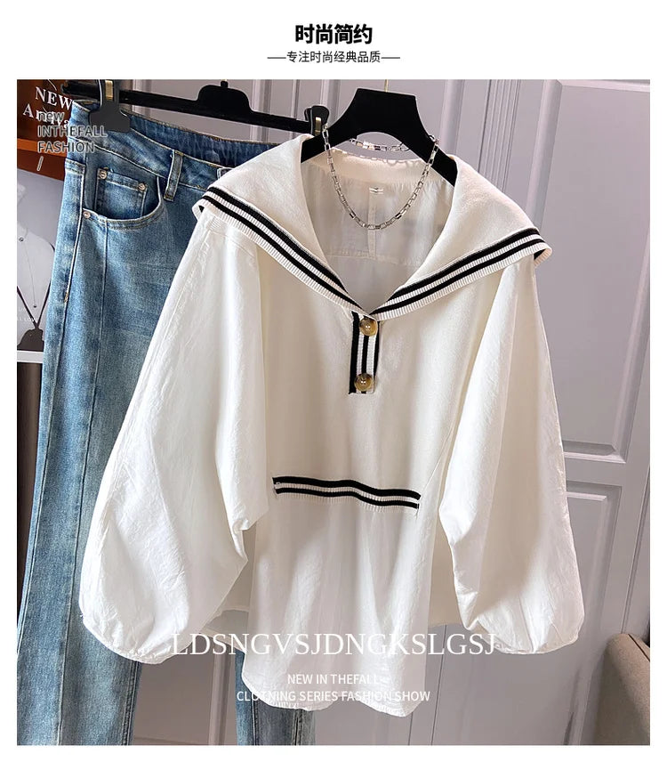 Spring 2024 Summer Preppy Style Women's Shirts Loose Plus Size Sailor Collar Lady White Color Tops Long Sleeve Female Blouse K96