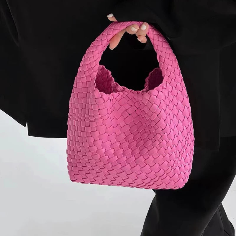 2023 Summer Leather Woven Tote Bag Brand Design Women Handbags Luxury Soft Pu Leather Tote Bag Pink Green Shopper Purses