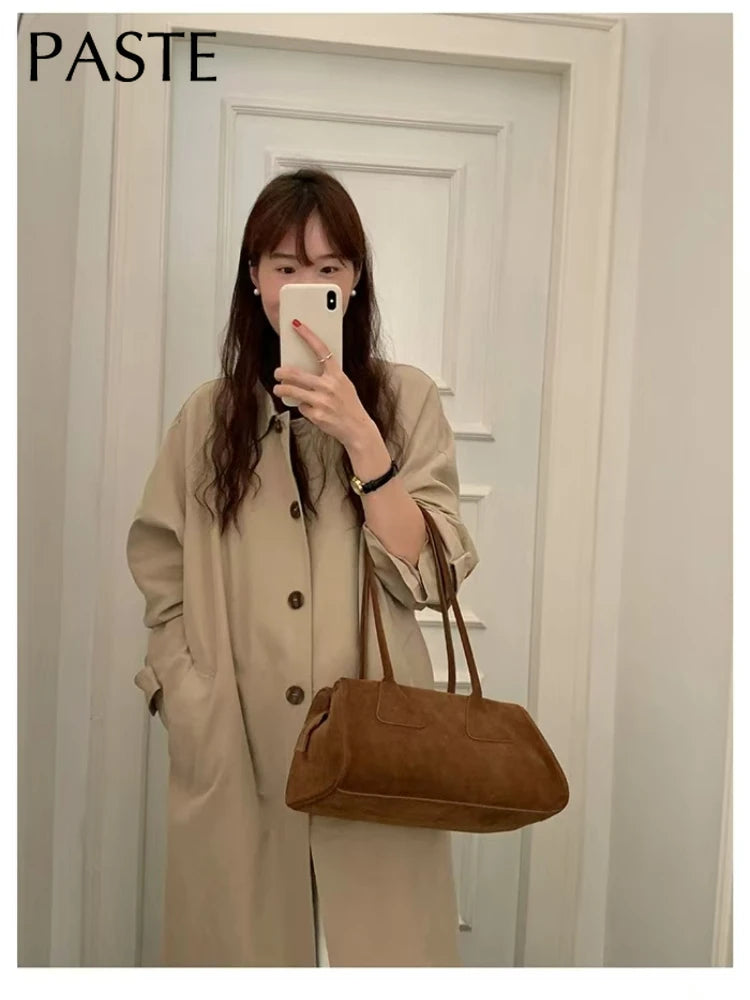 New Ins Chic Niche Stylish Pillow Bowling Tote Large Real Suede Cow Leather Women Shoulder Bag Long Handle Winter Handbag