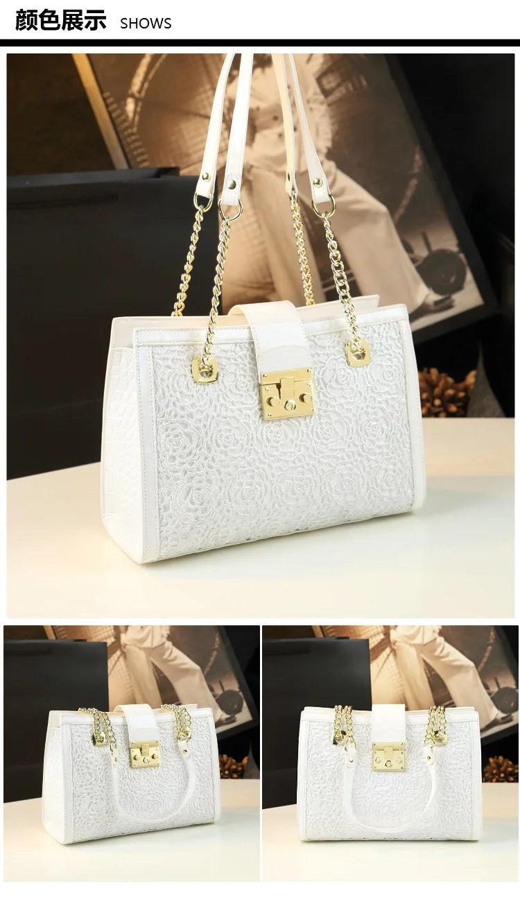 Fashion Noble Women Shoulder Lace Crocodile Print Handbag Luxury Patent Leather Chains Elegant Tote Ladies Clutch Bags 2023 New