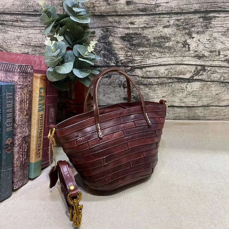 Vintage handmade high quality genuine leather woven women's handbag organizer designer luxury real cowhide female shoulder bag