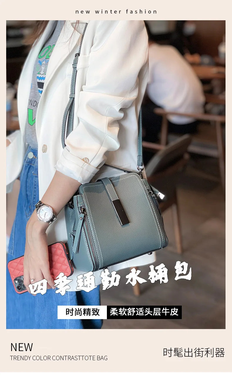 Spring Zipper Design Denim Blue Small Tote Bag Classic 100% Genuine Leather Women's Hand Bag Ladies Crossbody Shoulder Bag