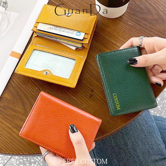 Custom Initials Business Card Holder Genuine Leather Folding Wallet ID Card Bag Woman Fashion Luxury Card Case Christmas Gift