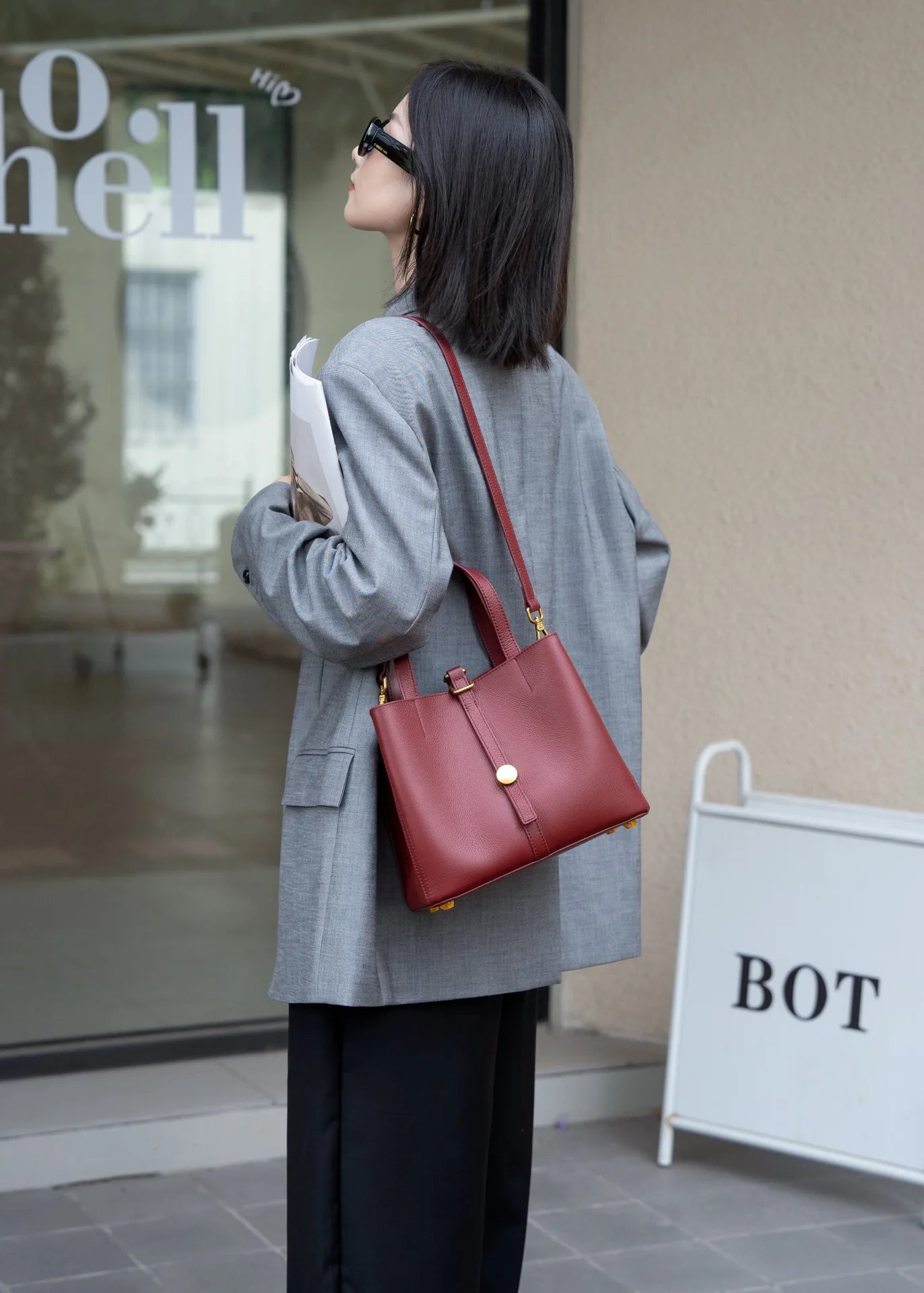 Elegant Wearing Burgundy Color Multi-compartments Tote Natural Cow Leather Women Shoulder Bag Soft Cowskin Female Handbag