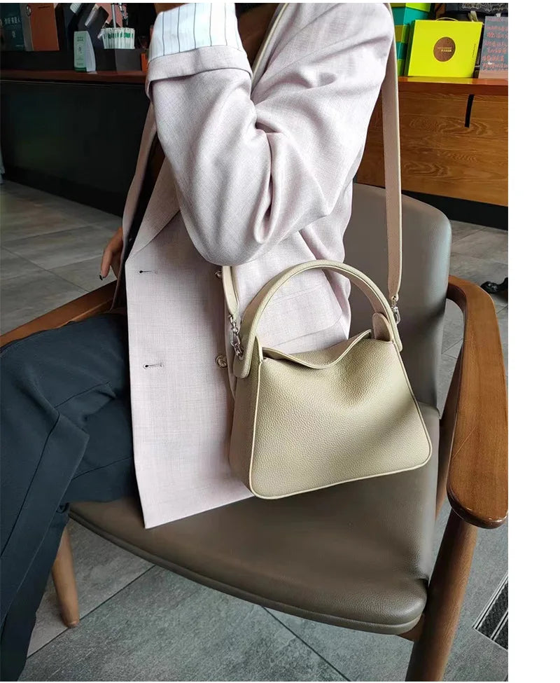 Elegant 100% Natural Togo Cowhide Leather Tote Wide Straps Female Shoulder Bag Grey Black Doctor Bag Luxury Girl Handbag