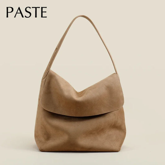 Winter Glossy Smooth Velvet Suede Cow Leather Cover Tote Bag Large Coffee Camel Color Women Armpit Shoulder Bag Chamois Handbag