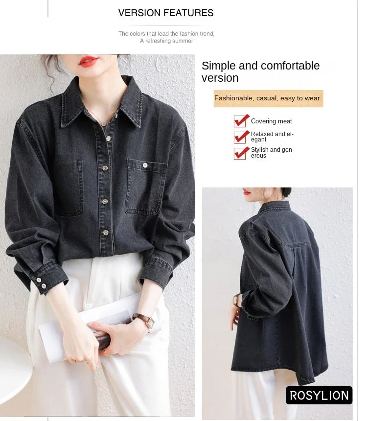 Ladies Black Denim Shirt Women Casual Sun Protection Loose Thin Long-sleeved Cotton Shirt Coat Button Up Top Top Streetwear S-XL