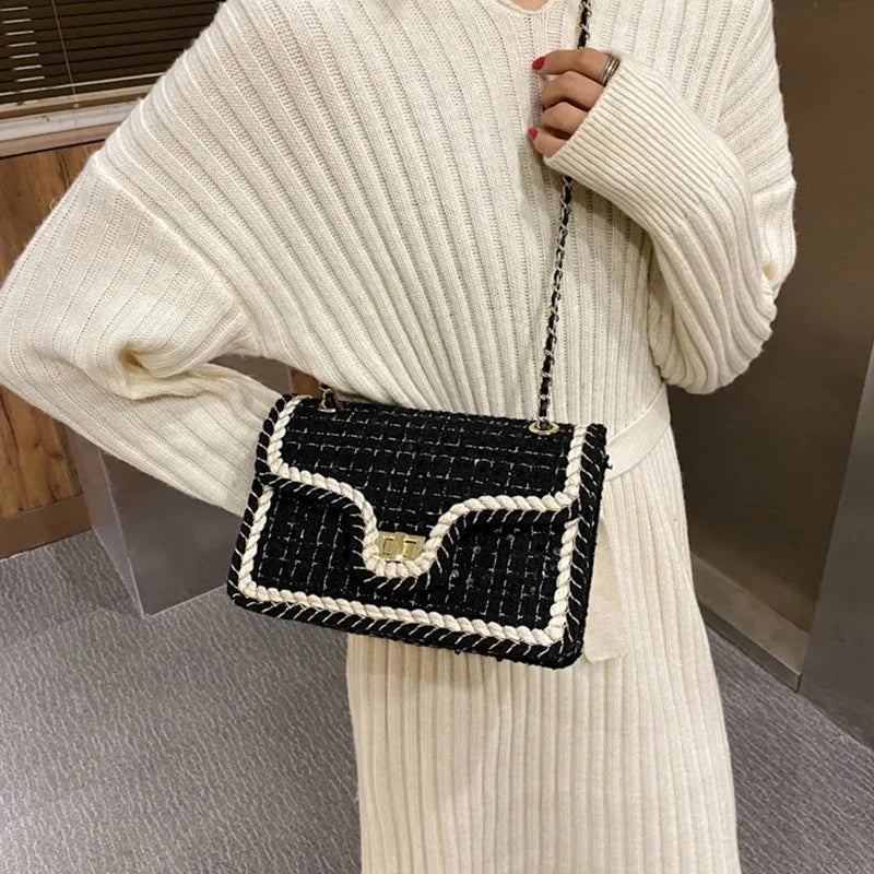 Luxury Chains Shoulder Handbags and Purses for Women Black Messenger Bag 2022 Trend Plaid Woolen Flap Lock Crossbody Sling Bags