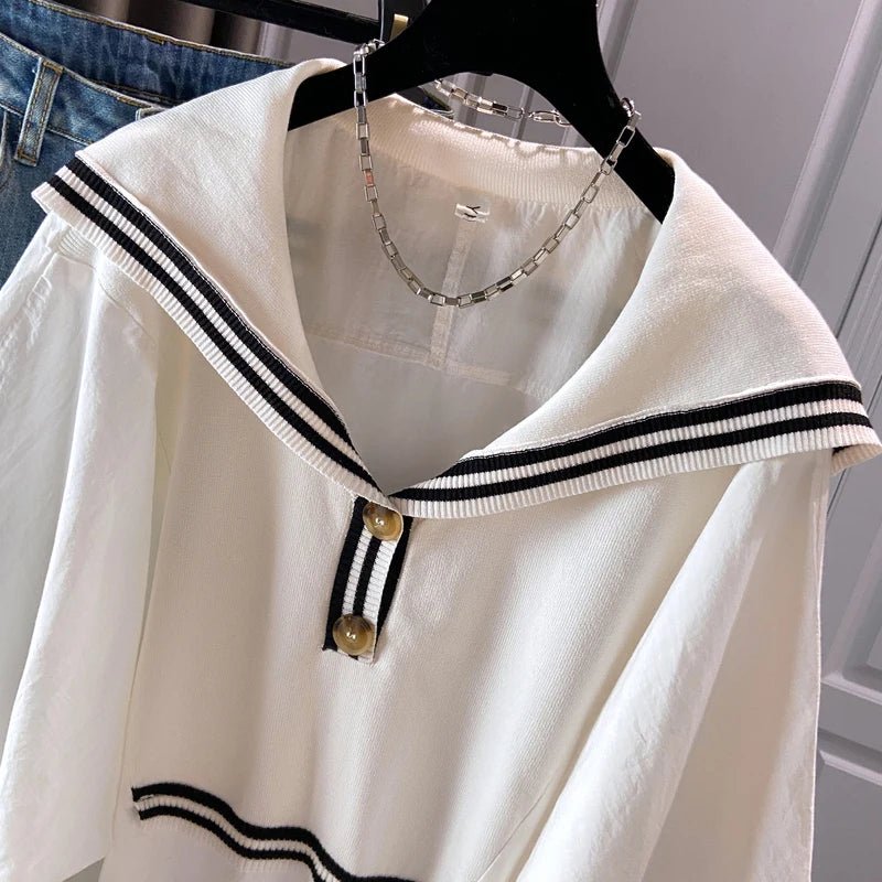 Spring 2024 Summer Preppy Style Women's Shirts Loose Plus Size Sailor Collar Lady White Color Tops Long Sleeve Female Blouse K96