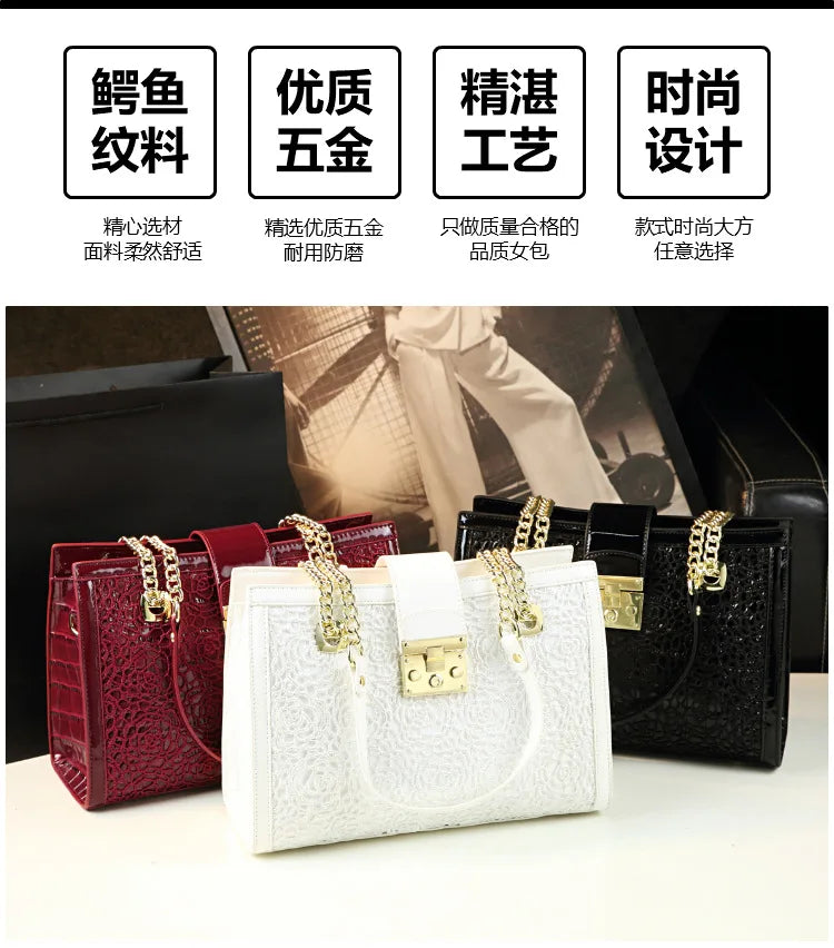 Fashion Noble Women Shoulder Lace Crocodile Print Handbag Luxury Patent Leather Chains Elegant Tote Ladies Clutch Bags 2023 New