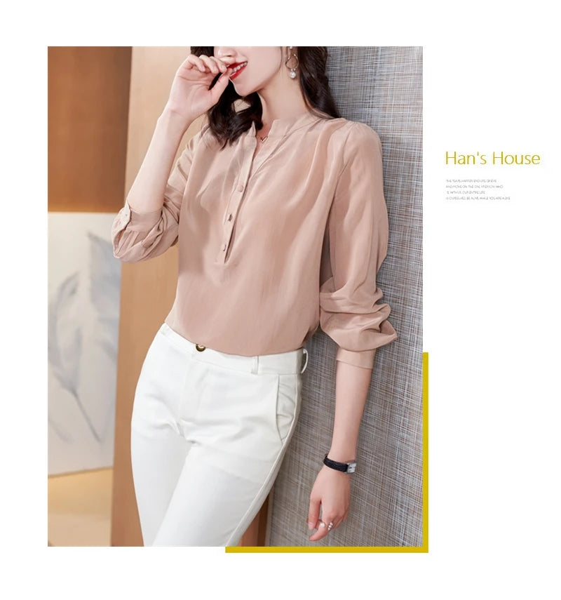 100% Silk Blouse Women Shirt Solid V Neck Long Sleeve  Casual Simple Top Elegant Style New Fashion