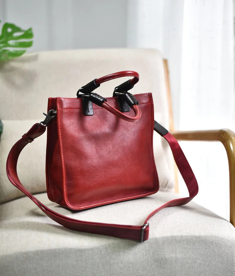 Vintage literary luxury natural genuine leather women's red handbag simple ladies weekend daily party real cowhide shoulder bag