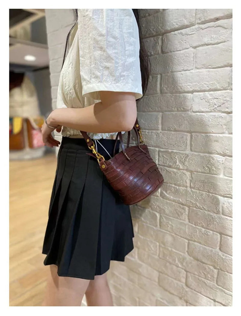 Vintage handmade high quality genuine leather woven women's handbag organizer designer luxury real cowhide female shoulder bag