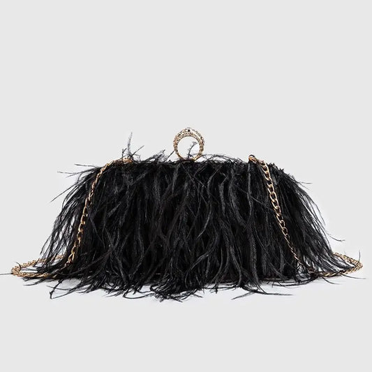 Fashion Ostrich Fuax Fur Feather Wallet Clutch Bag Ladies Diamond Knuckle Rings Dinner Party Wedding Purse Luxury Chic