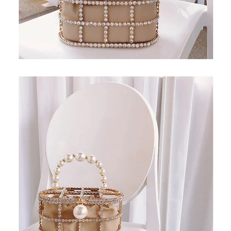 Diamonds Basket Evening Clutch Bags Women Luxury Hollow Out Pearl Beaded Metallic Cage Handbags Ladies Wedding Party Purse