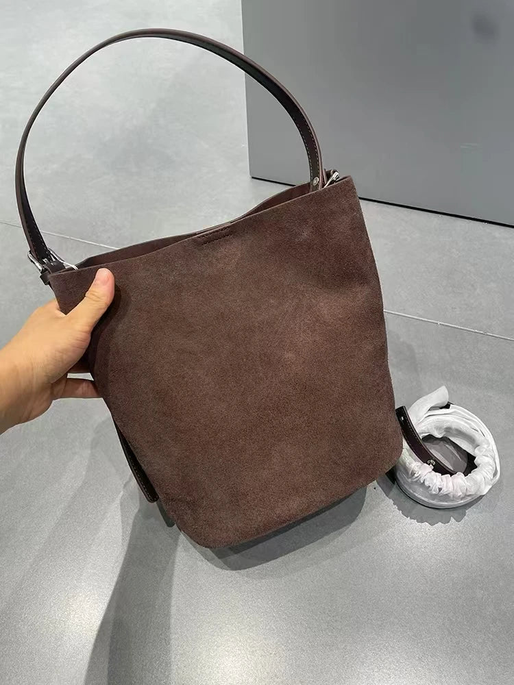 Maillard Design Simple Luxury Coffee Wine Red Bucket Tote Winter Thick Matte Suede Cow Leather Women Crossbodby Shoulder Bag