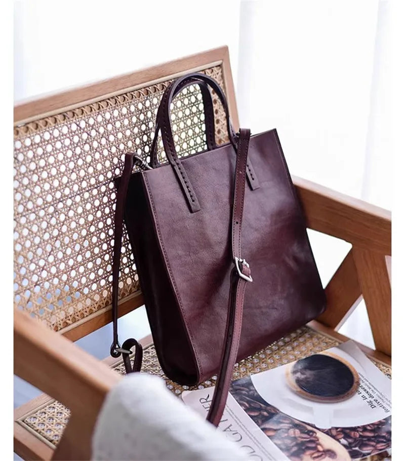 PNDME simple vintage luxury genuine leather women's tote bag casual designer handmade natural real cow leather ladies handbag