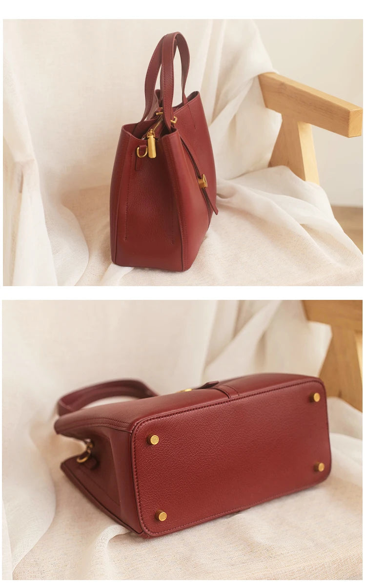 Elegant Wearing Burgundy Color Multi-compartments Tote Natural Cow Leather Women Shoulder Bag Soft Cowskin Female Handbag