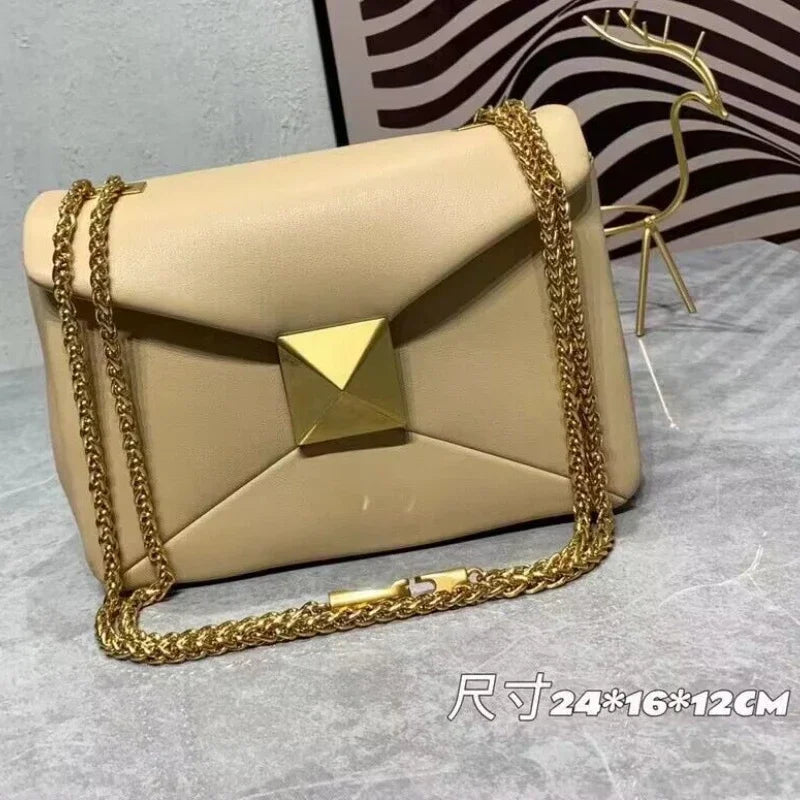 Women's Luxury Designer Handbag Top Quality Genuine Leather Large Rivet Crossbody Shoulder Bag Fashion Chain Square Bag Female