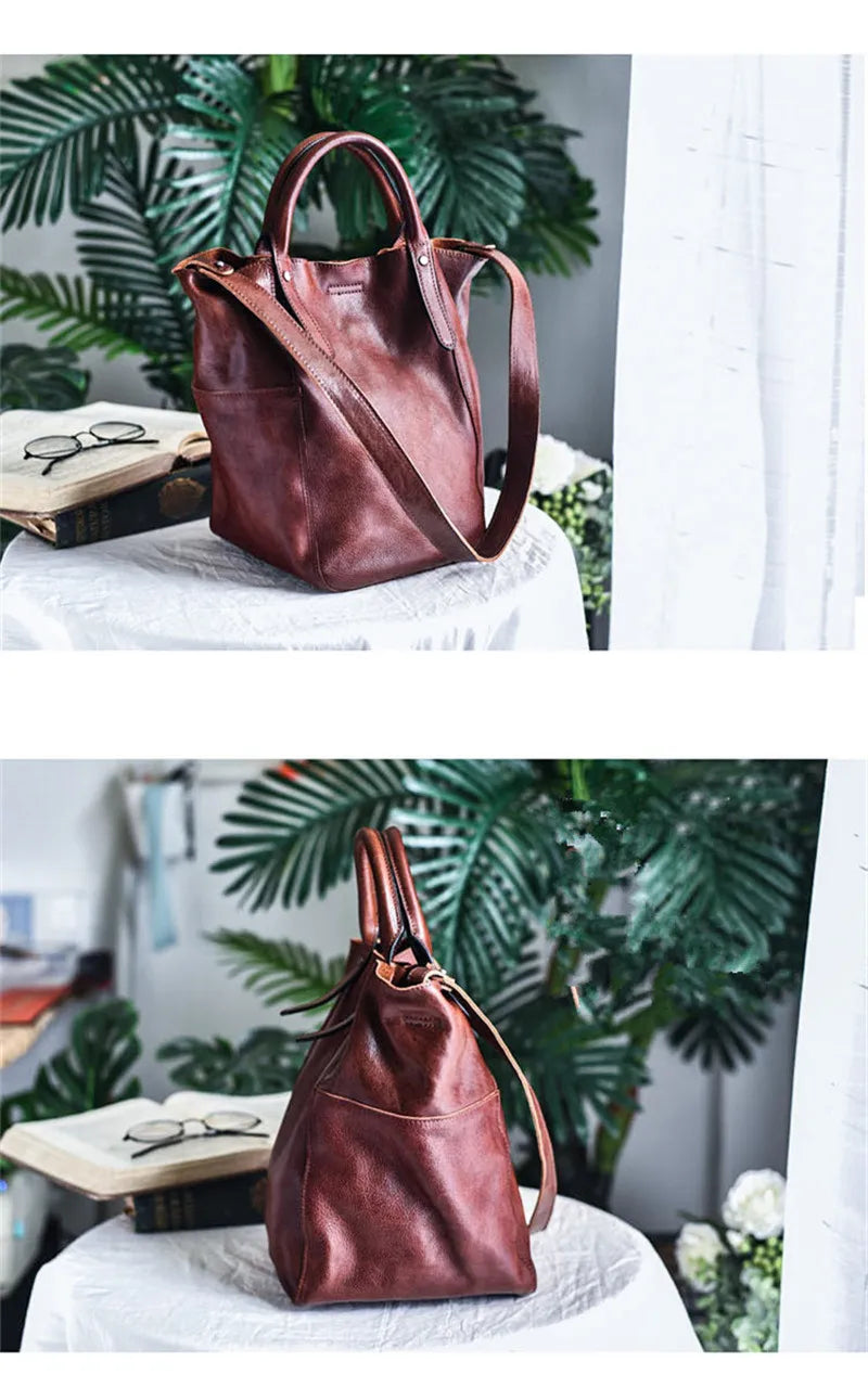 Fashion simple genuine leather women's tote bag designer vintage luxury real cowhide ladies weekend party shopping shoulder bag