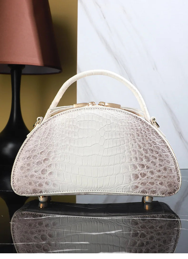 2024 Luxury Crocodile Leather Himalayan White Crossbody Bag For Women's Genuine Leather Half Round Saddle Bag Fashion Handbag 45