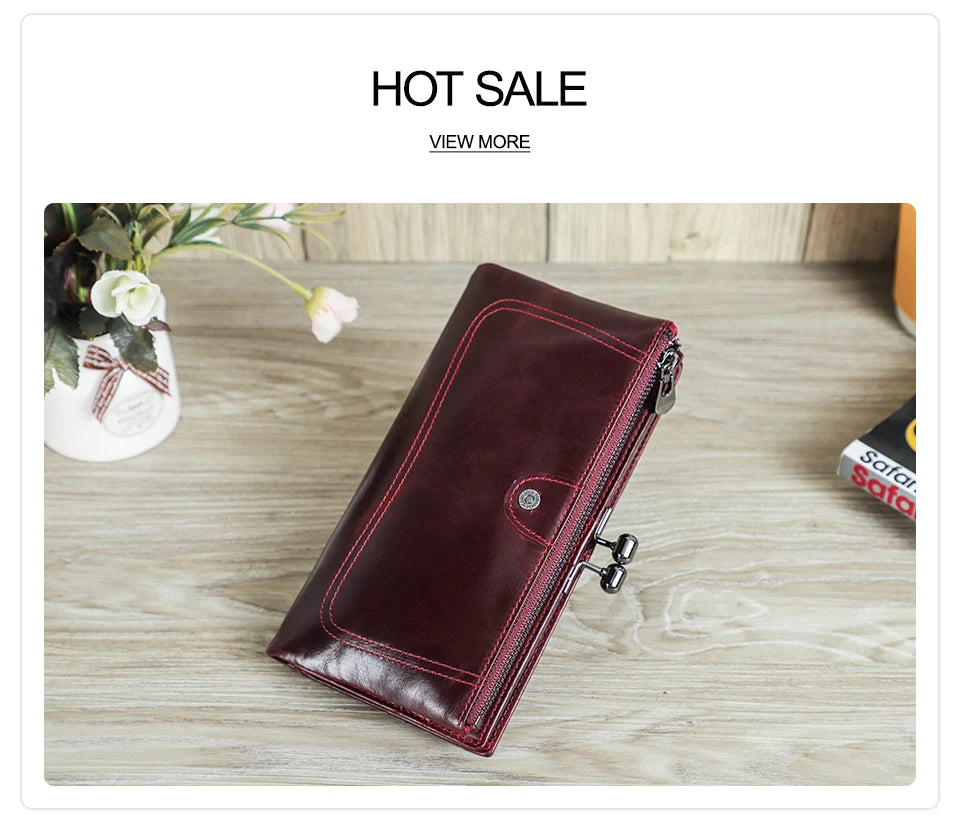 CONTACT'S Genuine Leather Women Wallet Metal Frame RFID Card Holder Coin Purses Female Bag Luxury Designer Women's Purses