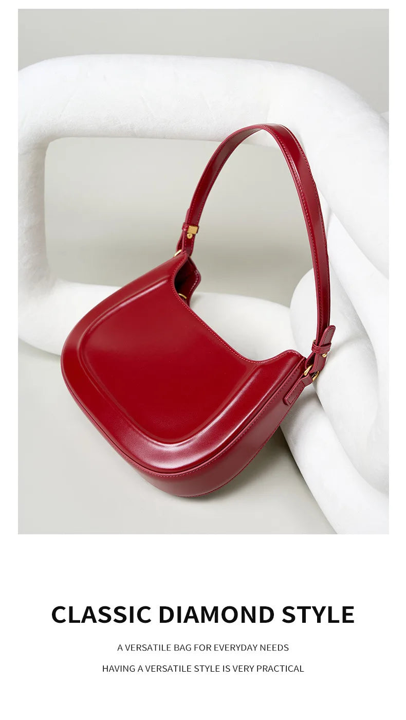 Genuine leather red shoulder bag woman minimalist crossbody bag cowhide handbags female luxury bag armpit bag saddle bag