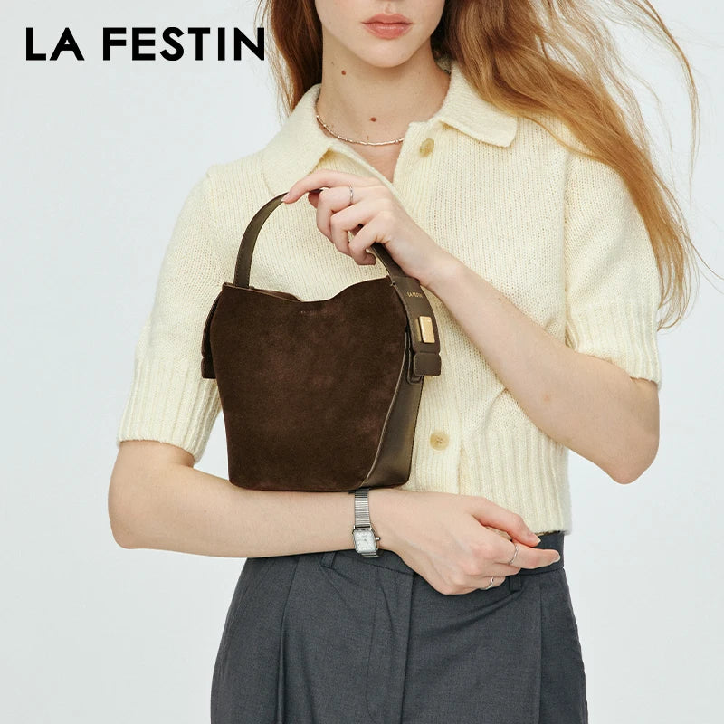 LA FESTIN Original 2024 New Handbags Women Suede Leather Bag Luxury Brand Bucket Bag Fashion Shoulder Bag Crossboby Bag