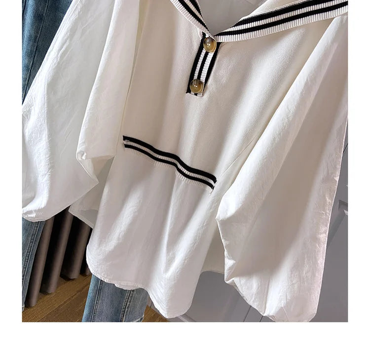 Spring 2024 Summer Preppy Style Women's Shirts Loose Plus Size Sailor Collar Lady White Color Tops Long Sleeve Female Blouse K96