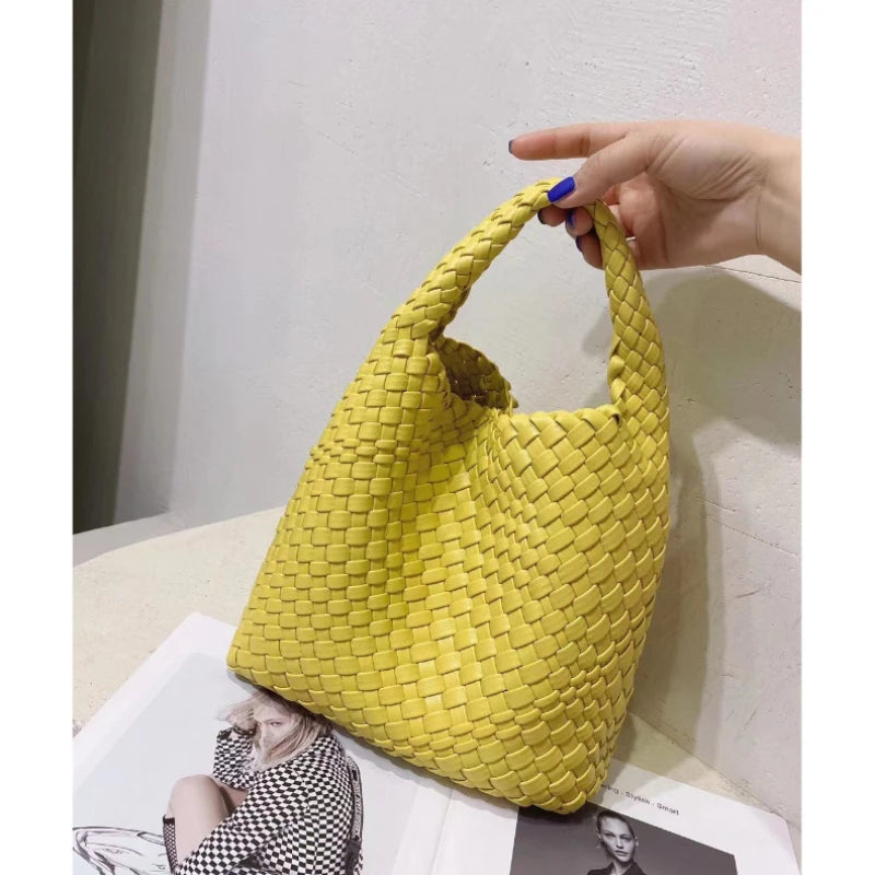 2023 Summer Leather Woven Tote Bag Brand Design Women Handbags Luxury Soft Pu Leather Tote Bag Pink Green Shopper Purses