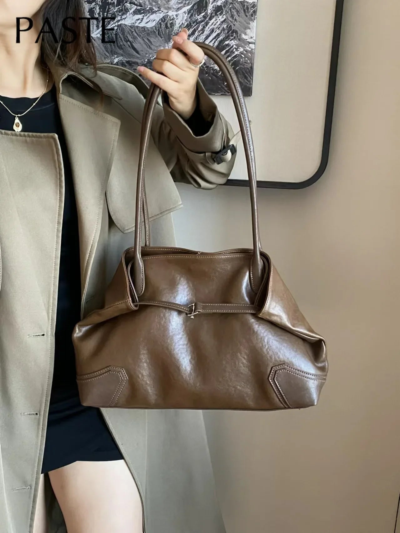 First Layer Cow Leather Female Tote Beige Coffee Luxury Design Long-handle Handbag Practical and Durable Armpit Shoulder Bag