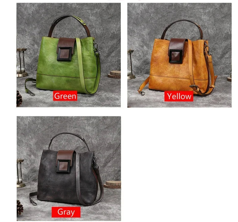 GAGACIA Handmade Green Women's Handbag Retro Genuine Leather Bucket Bag Woman Shoulder Bags Cowhide Luxury Women Brand Handbags