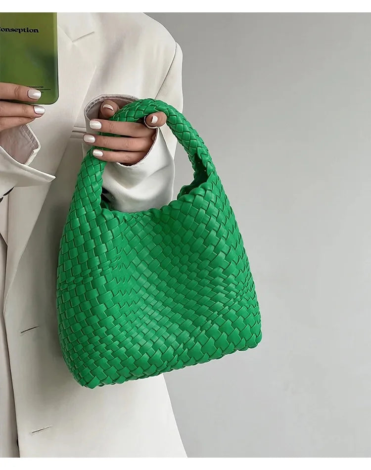 2023 Summer Leather Woven Tote Bag Brand Design Women Handbags Luxury Soft Pu Leather Tote Bag Pink Green Shopper Purses