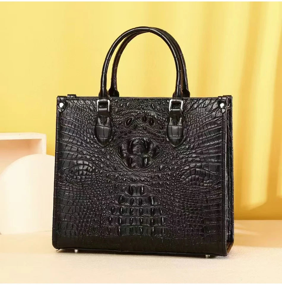 Real leather women's bag fashion luxury designer handbags famous brands cowhide crocodile pattern women's handbag black