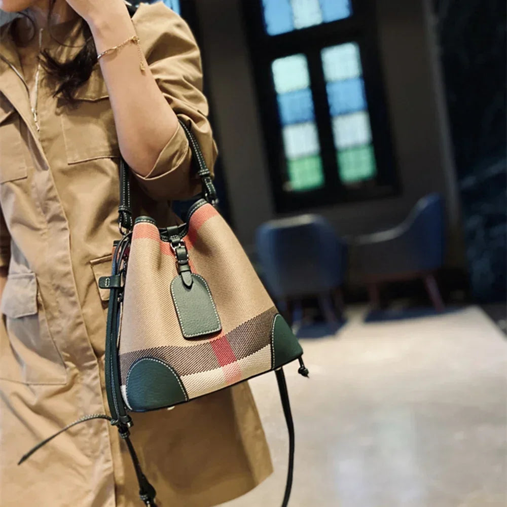 Luxury Plaid Canvas Leather Women‘S Bag Fashion Large Capacity Business Lady Bucket Shoulder Bag Female Drawstring Handbag