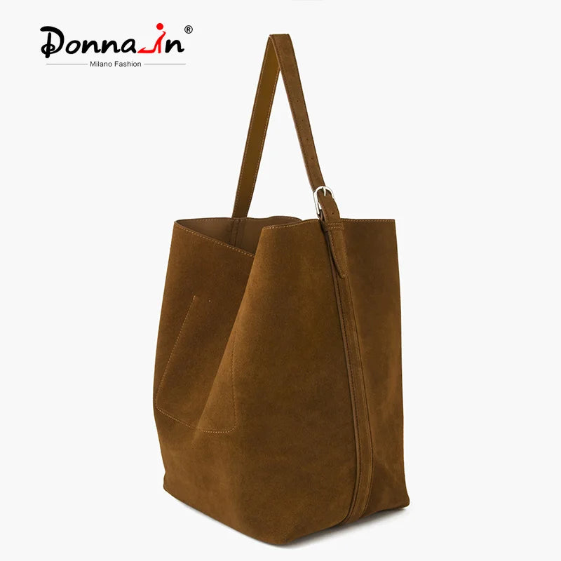 Donna-in Real Suede Tote Bag for Women Genuine Cow Leather Large Bucket Handbag with Adjustable Shoulder Strap Luxury Designer