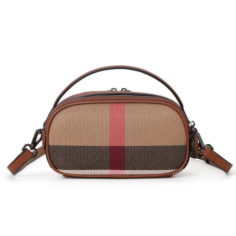 Aidrani  Checkered women's single shoulder crossbody bag, made of canvas cowhide material, round, brown