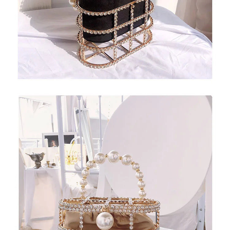 Diamonds Basket Evening Clutch Bags Women Luxury Hollow Out Pearl Beaded Metallic Cage Handbags Ladies Wedding Party Purse