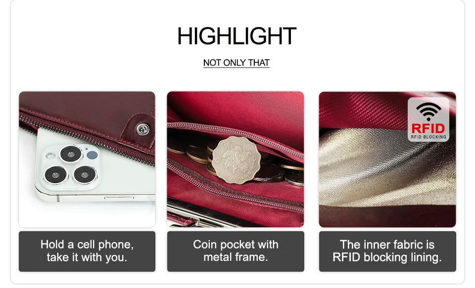 CONTACT'S Genuine Leather Women Wallet Metal Frame RFID Card Holder Coin Purses Female Bag Luxury Designer Women's Purses