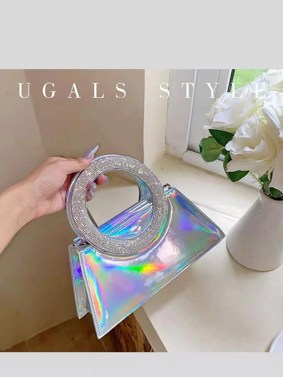 Rainbow Color Square Bag Glitter Shiny Diamond Circular Ring Women Handbag Luxury Fashion Evening Bag Wedding Party Clutch Purse