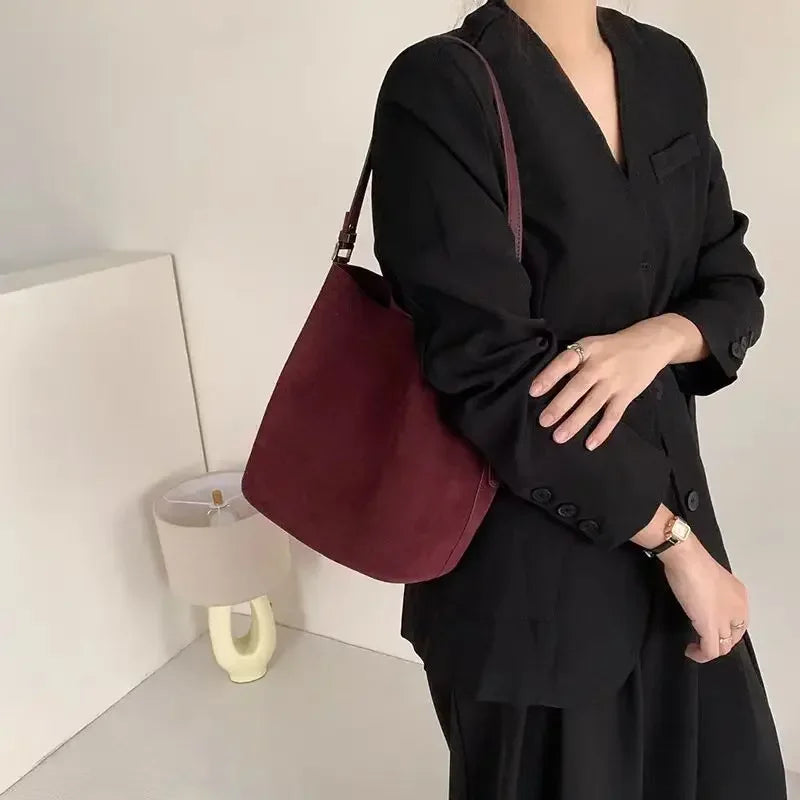 Maillard Design Simple Luxury Coffee Wine Red Bucket Tote Winter Thick Matte Suede Cow Leather Women Crossbodby Shoulder Bag