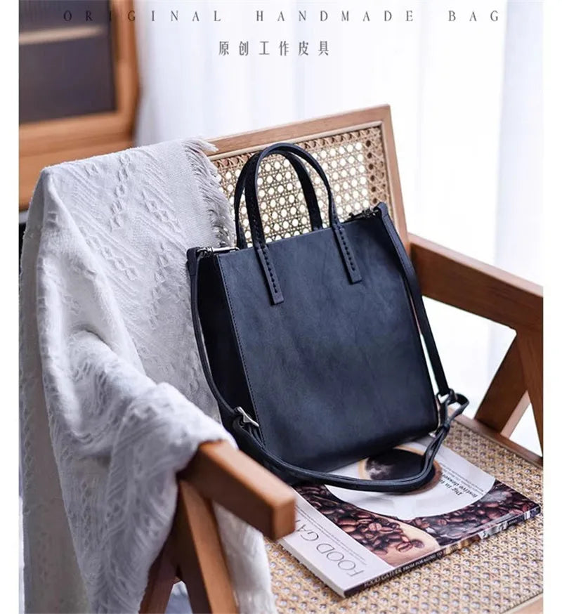 PNDME simple vintage luxury genuine leather women's tote bag casual designer handmade natural real cow leather ladies handbag